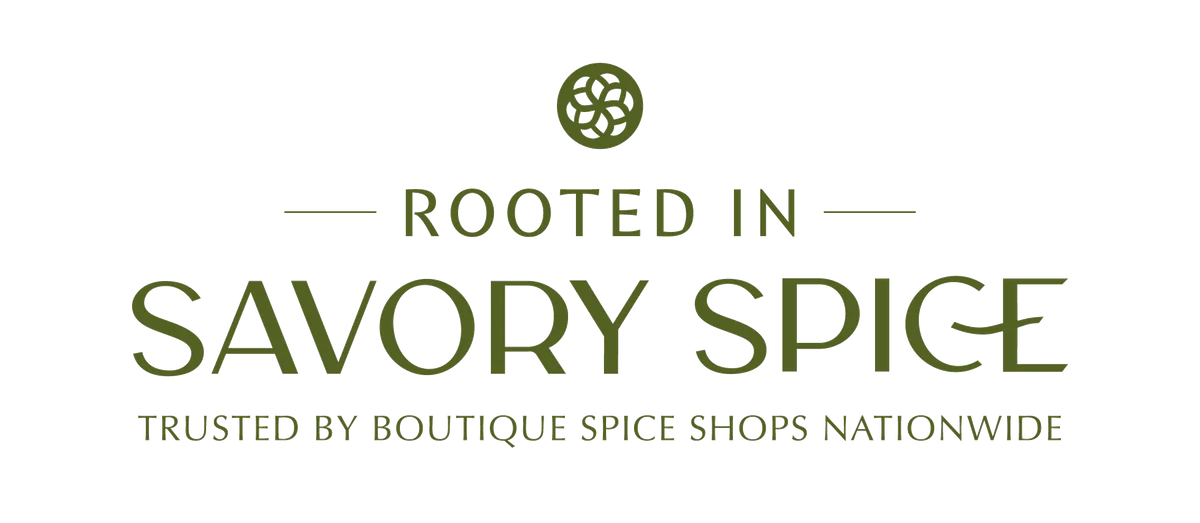 Logo with text 'Rooted in Savory Spice' on a white background